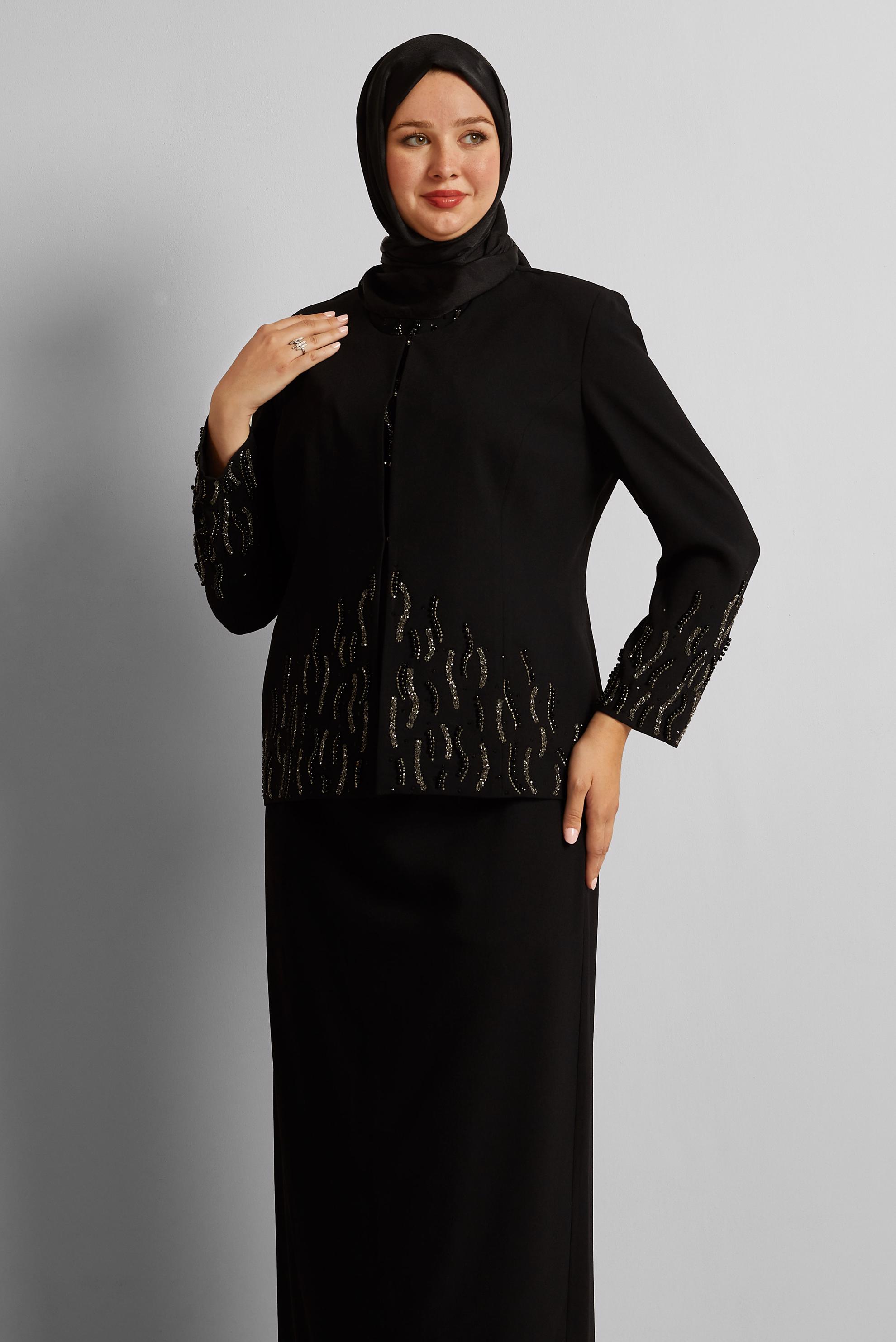 Tesettür giyim SİYAH ÜÇLÜ ETEKLİ TAKIM 30527