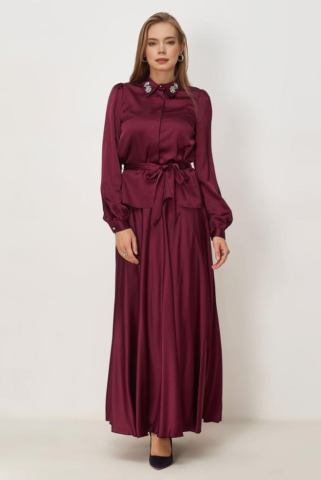 Vêtements hijab ROUGE BORDEAUX ENSEMBLE JUPE CEINTURÉE EN SATIN 44723 - ALVİNA