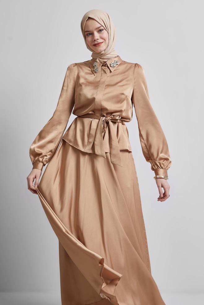 Vêtements hijab BRUN COSTUME À JUPE CEINTURÉE 44723 - ALVİNA