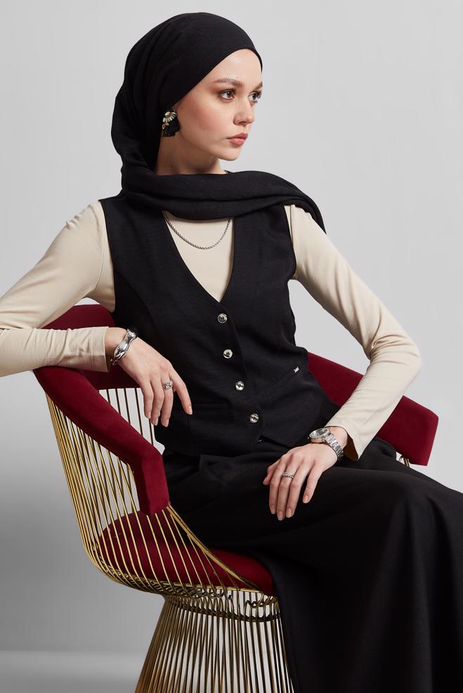 Hijab-Kleidung SCHWARZ ANZUG MIT ROCK UND WESTE 44805 - ALVİNA