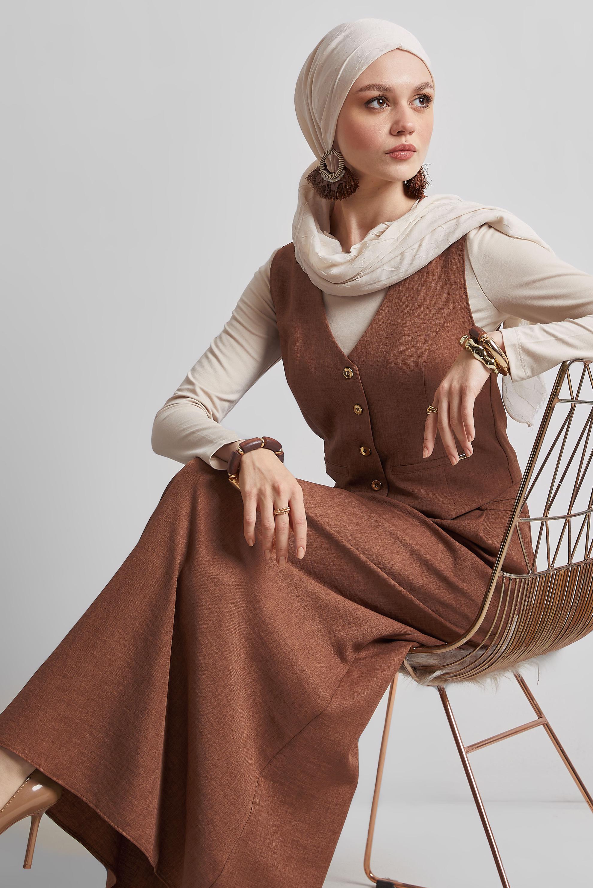 Tesettür giyim TABA YELEKLİ ETEKLİ TAKIM 44805