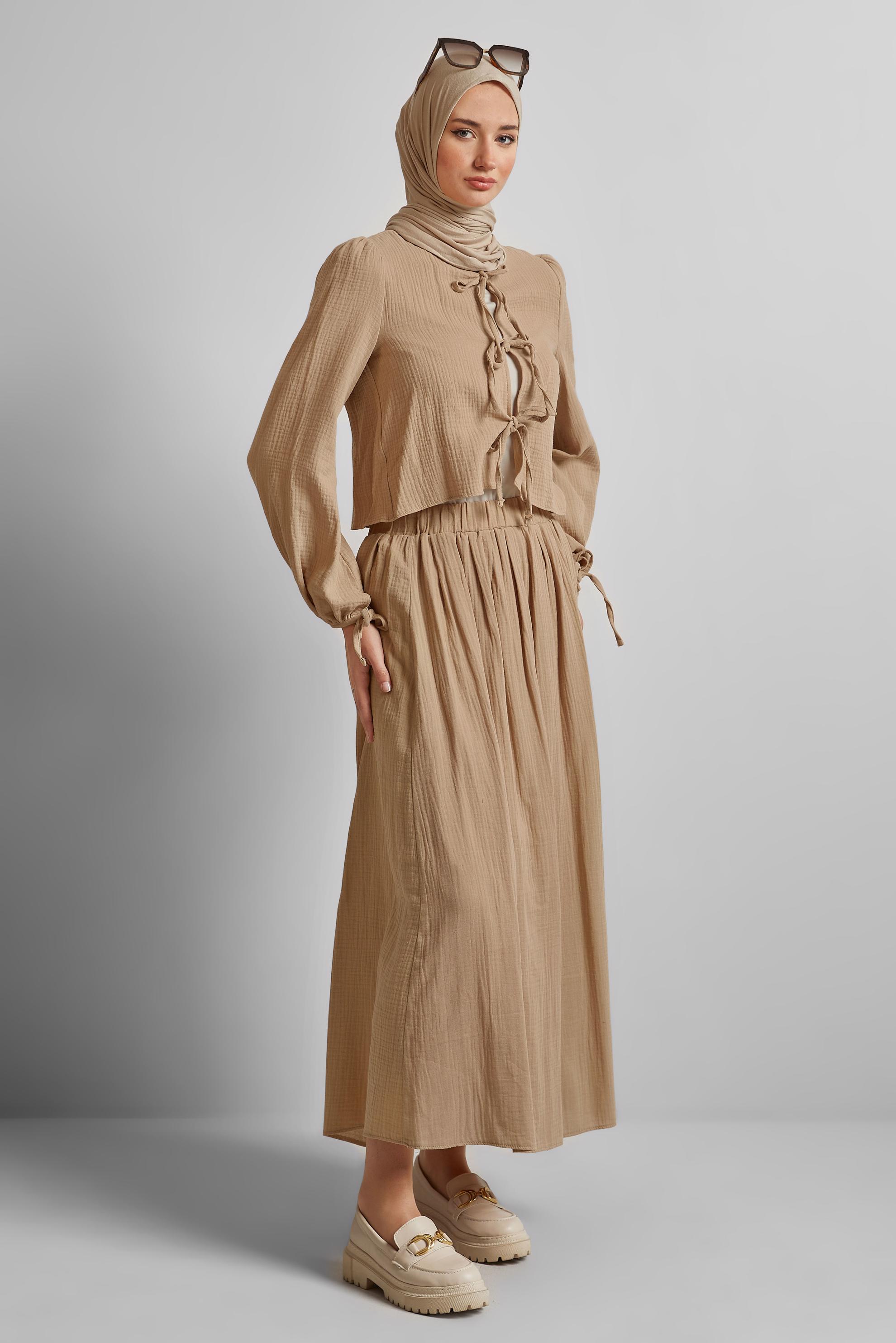 Tesettür giyim KAHVE MÜSLİN ETEKLİ TAKIM 45342