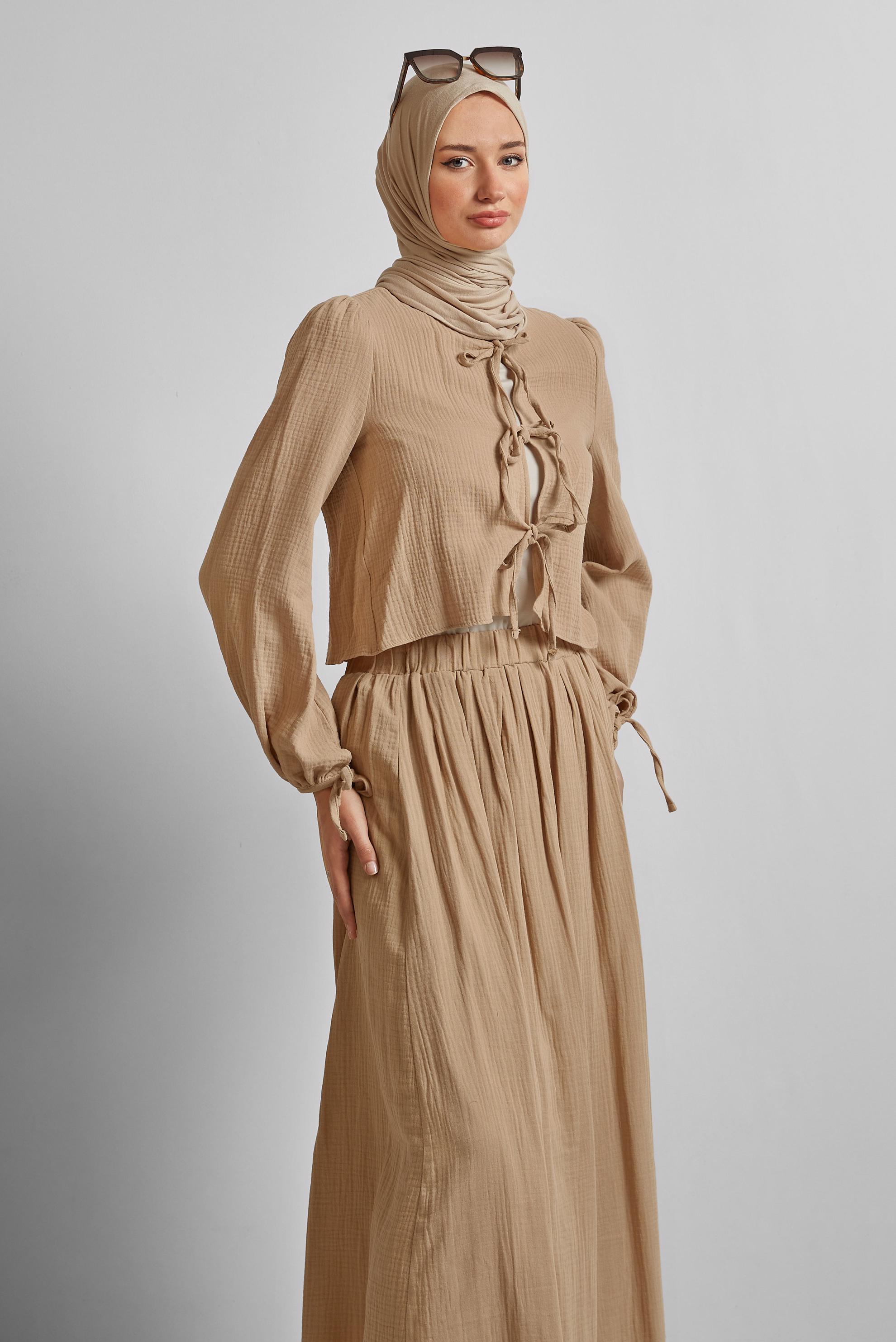 Tesettür giyim KAHVE MÜSLİN ETEKLİ TAKIM 45342