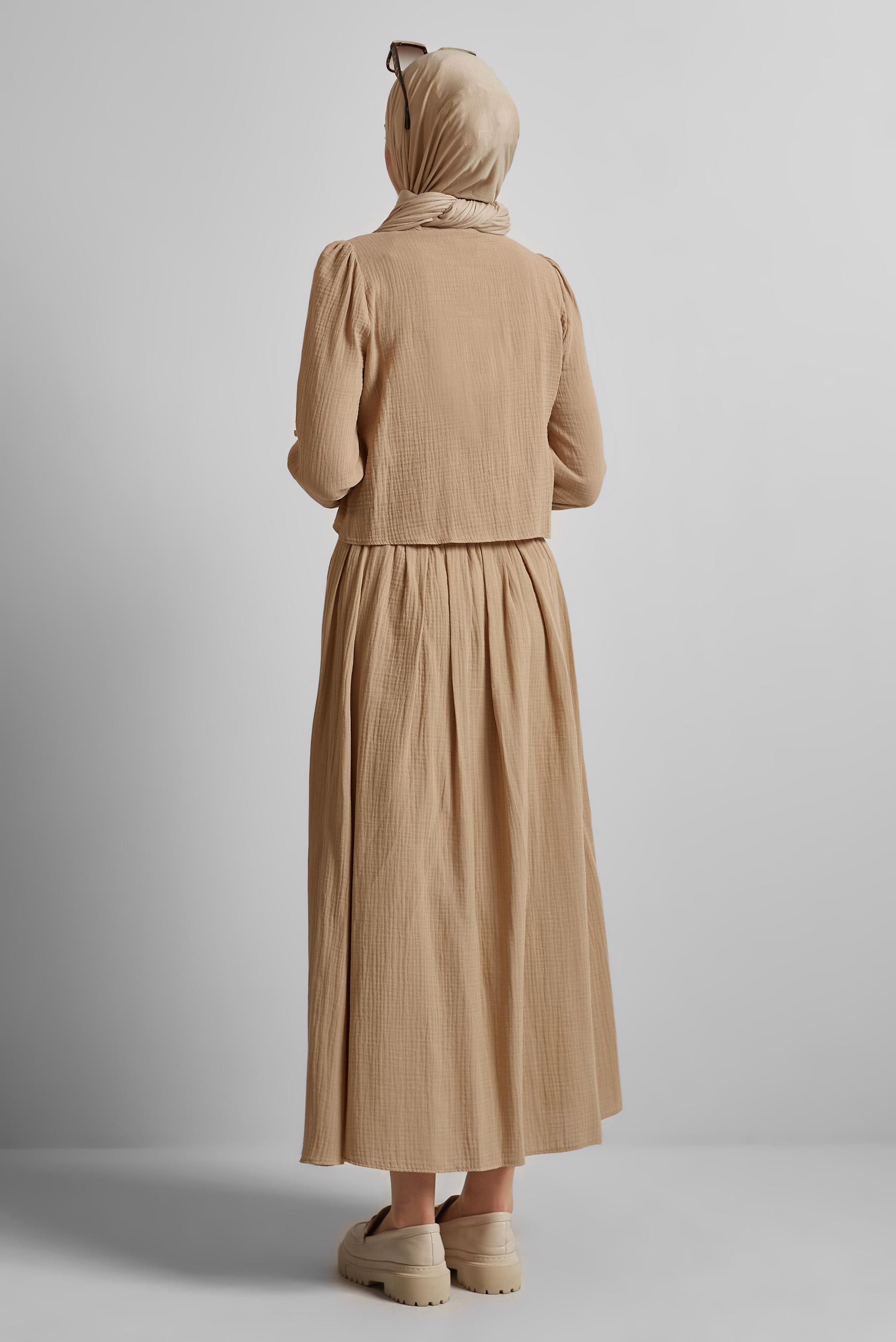 Tesettür giyim KAHVE MÜSLİN ETEKLİ TAKIM 45342