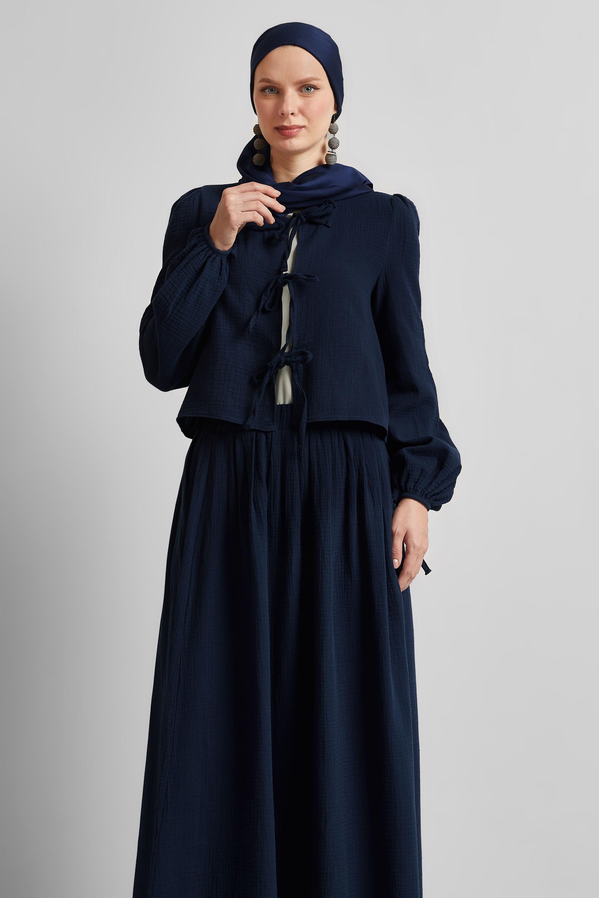 Tesettür giyim LACİVERT MÜSLİN ETEKLİ TAKIM 45342