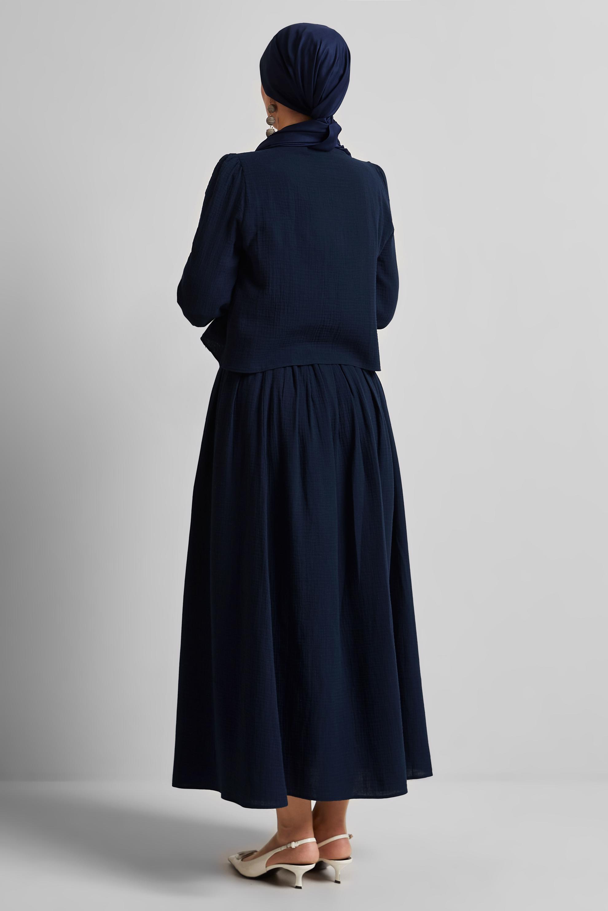 Tesettür giyim LACİVERT MÜSLİN ETEKLİ TAKIM 45342