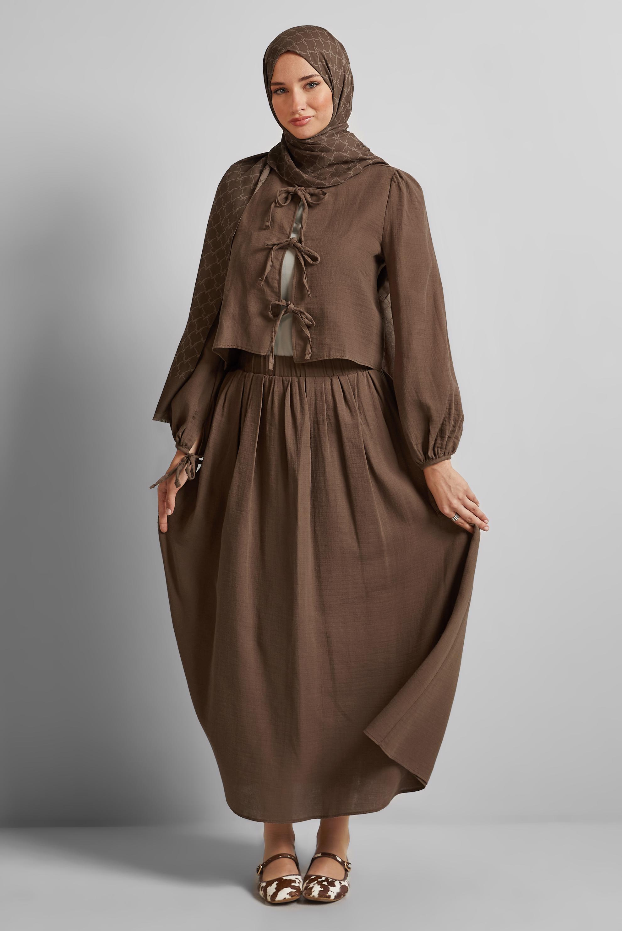 Tesettür giyim KAHVE MÜSLİN ETEKLİ TAKIM 45342