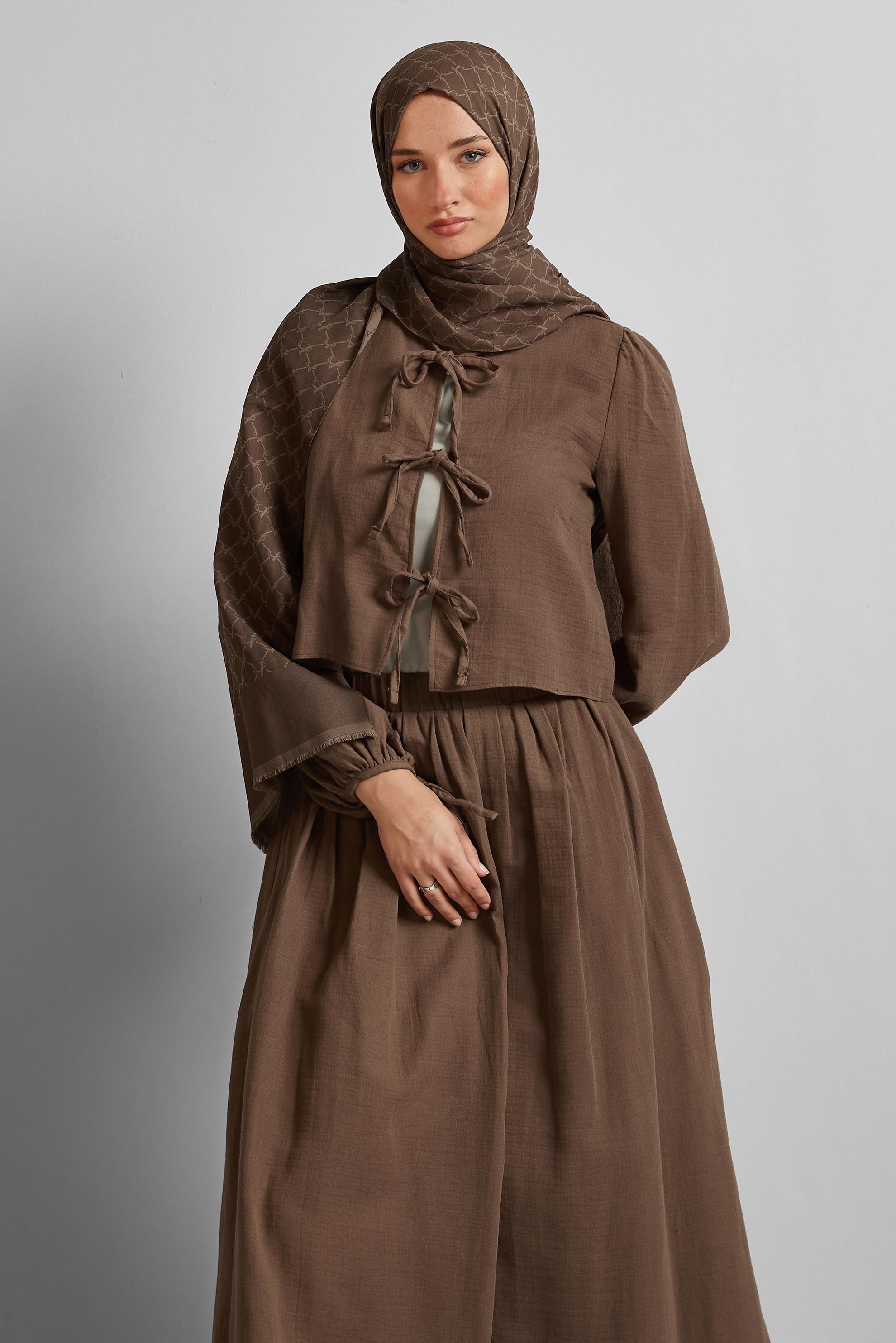 Tesettür giyim KAHVE MÜSLİN ETEKLİ TAKIM 45342