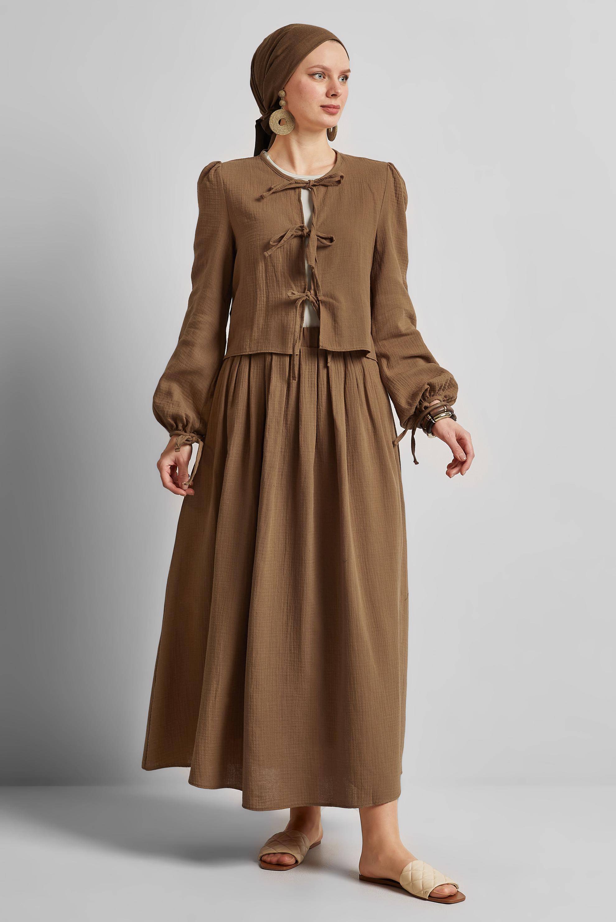 Tesettür giyim KAHVE MÜSLİN ETEKLİ TAKIM 45342