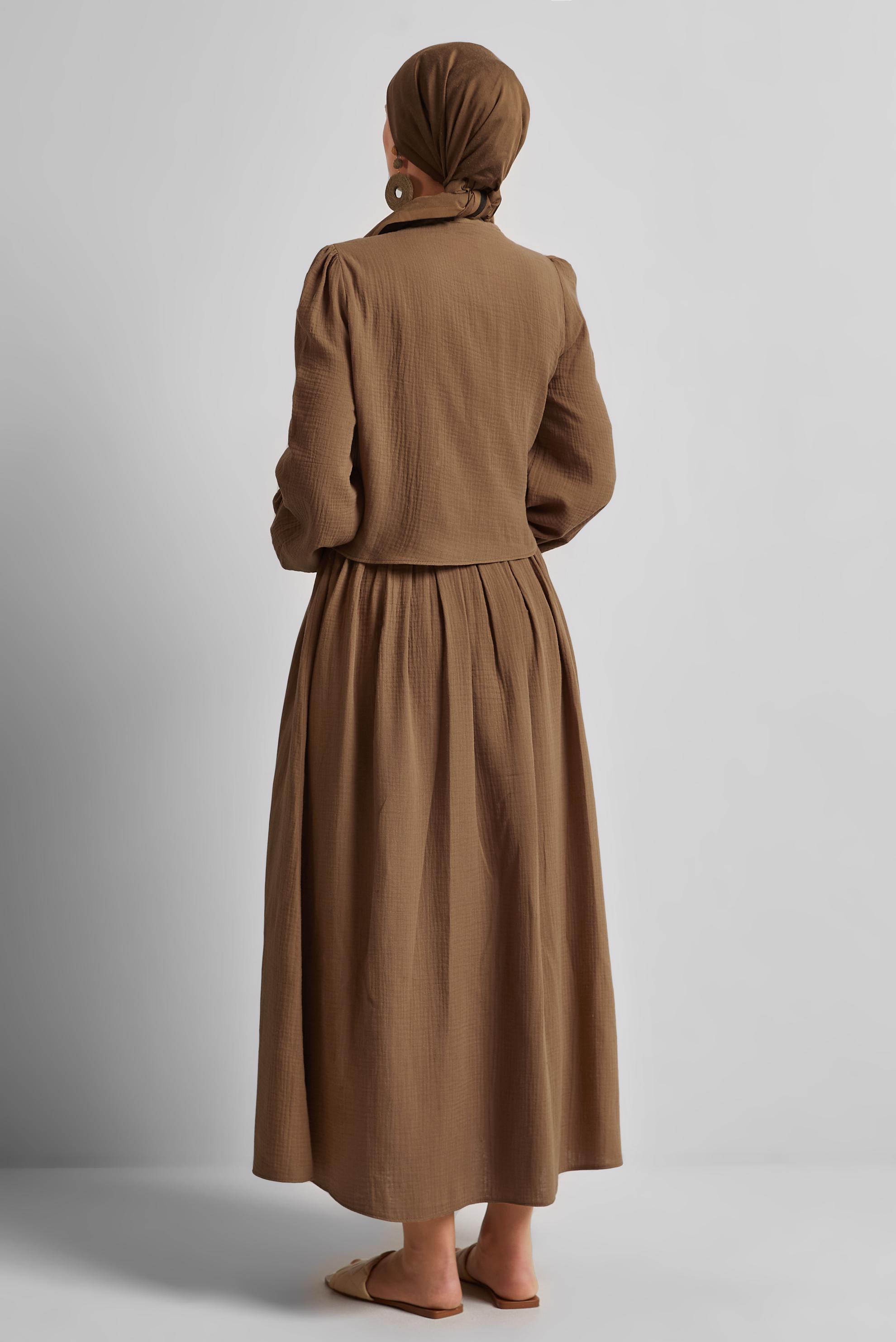 Tesettür giyim KAHVE MÜSLİN ETEKLİ TAKIM 45342
