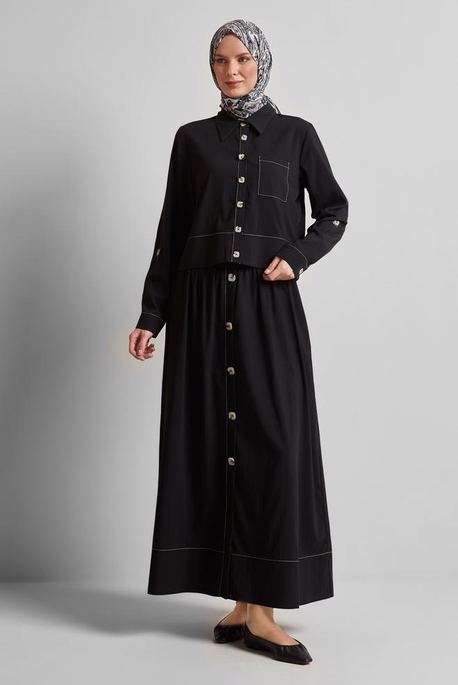 Tesettür giyim SİYAH DÜĞME DETAYLI ETEKLİ TAKIM 45360 - ALVİNA