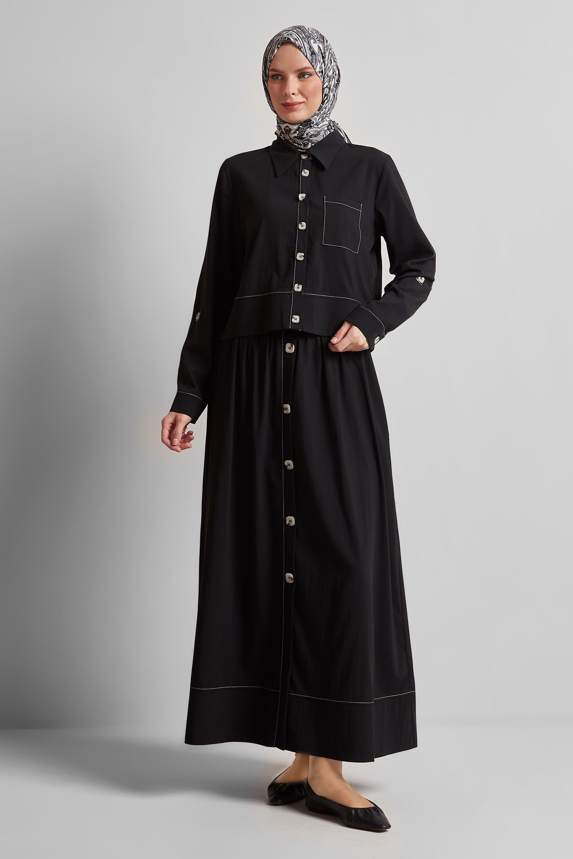 Tesettür giyim SİYAH DÜĞME DETAYLI ETEKLİ TAKIM 45360