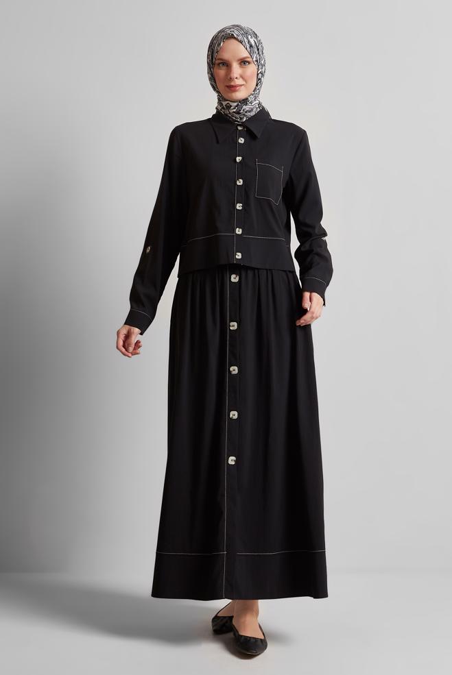 Tesettür giyim SİYAH DÜĞME DETAYLI ETEKLİ TAKIM 45360 - ALVİNA