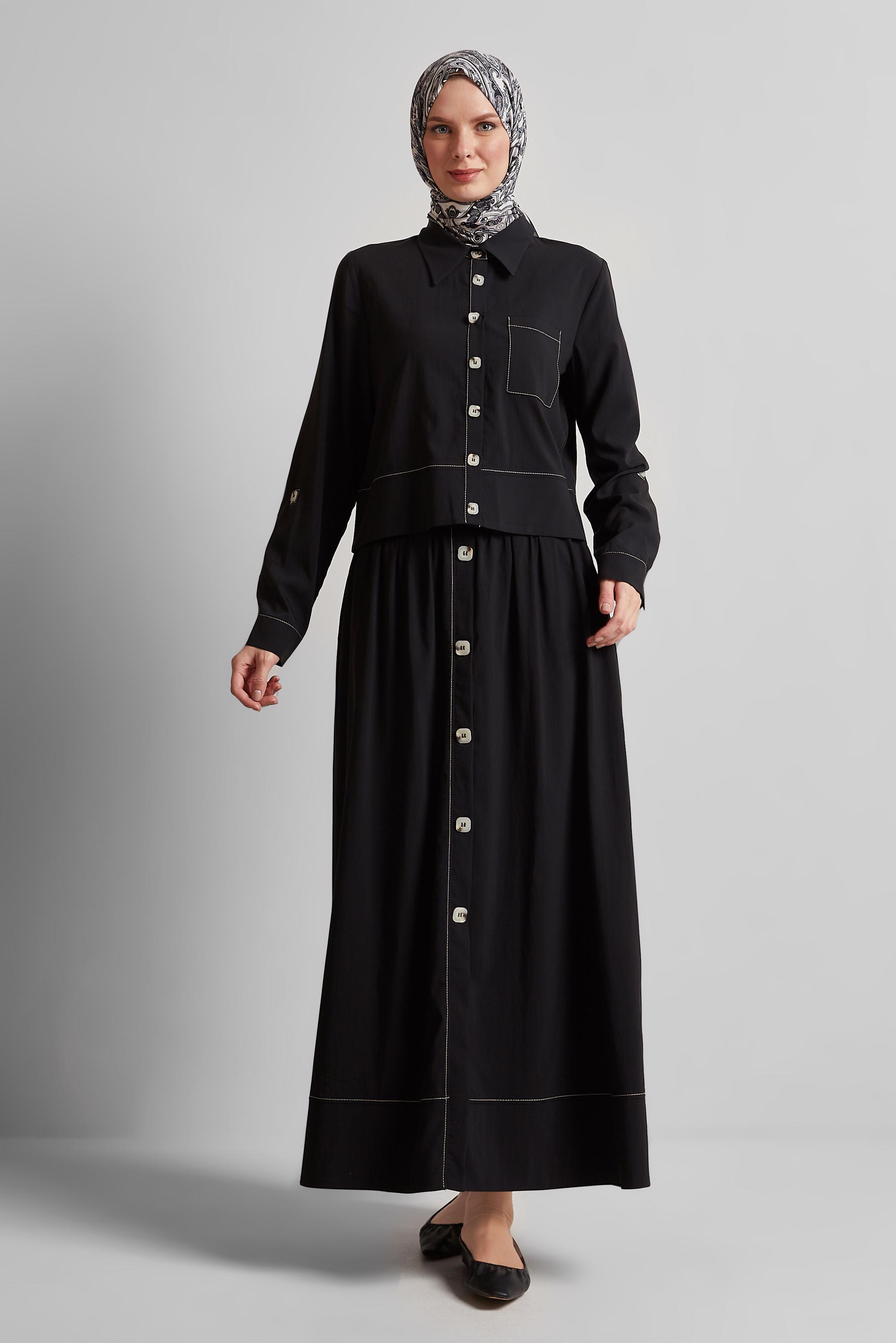 Tesettür giyim SİYAH DÜĞME DETAYLI ETEKLİ TAKIM 45360