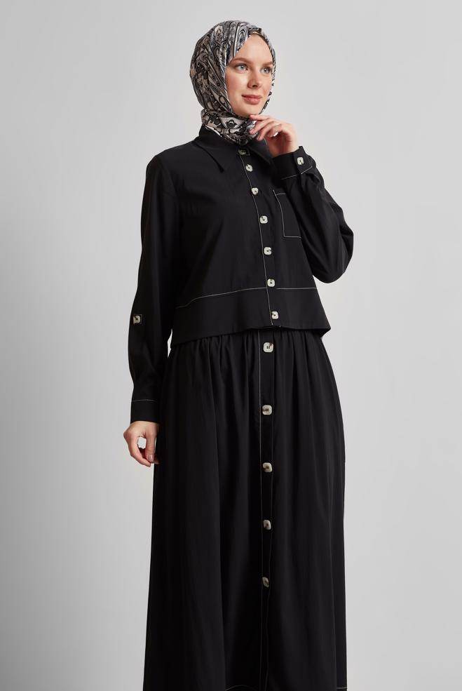 Tesettür giyim SİYAH DÜĞME DETAYLI ETEKLİ TAKIM 45360 - ALVİNA