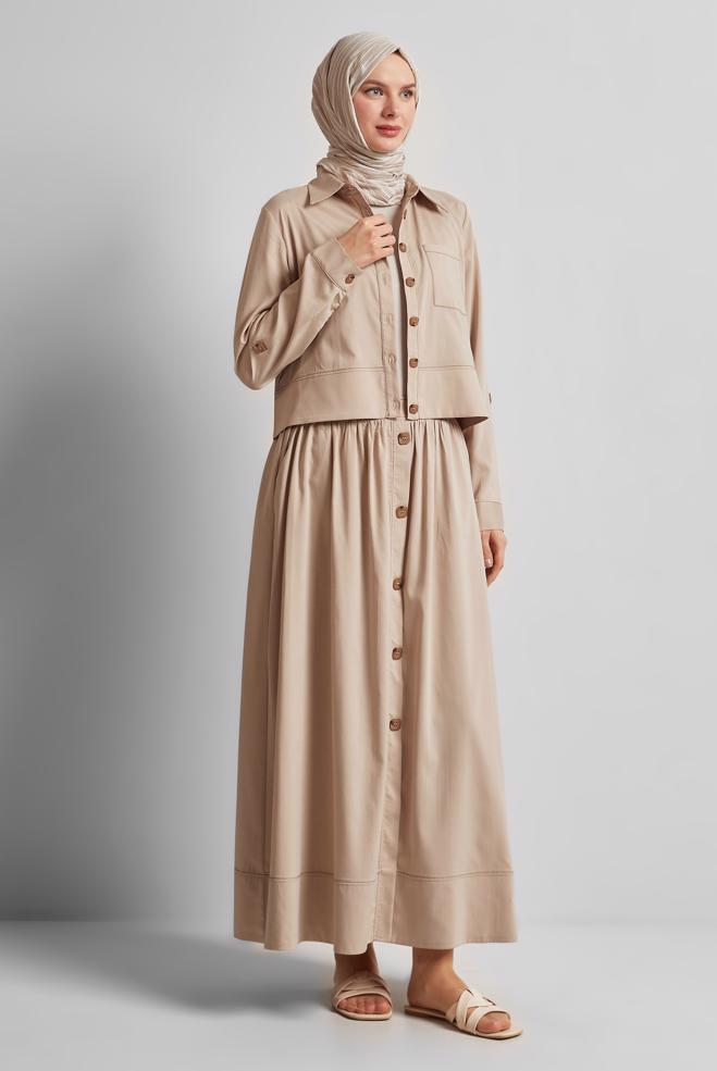 Vêtements hijab BEIGE COSTUME À JUPE AVEC DÉTAILS BOUTONS 45360 - ALVİNA