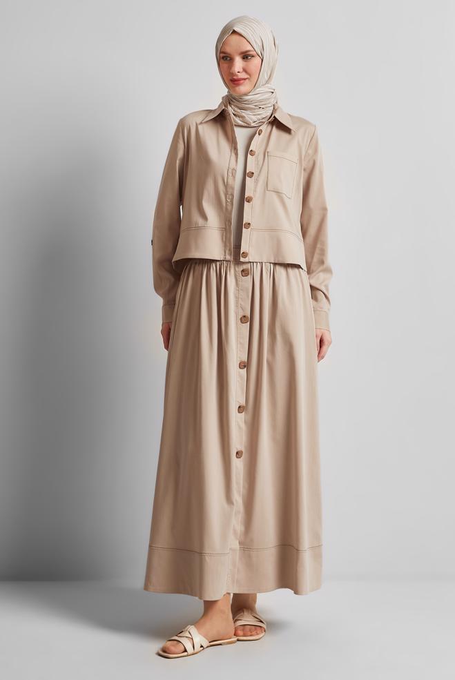 Vêtements hijab BEIGE COSTUME À JUPE AVEC DÉTAILS BOUTONS 45360 - ALVİNA