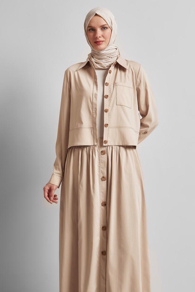 Vêtements hijab BEIGE COSTUME À JUPE AVEC DÉTAILS BOUTONS 45360 - ALVİNA