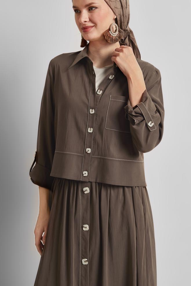 Hijab-Kleidung BRAUN ANZUG MIT KNOPFDETAILLIERTEM ROCK 45360 - ALVİNA