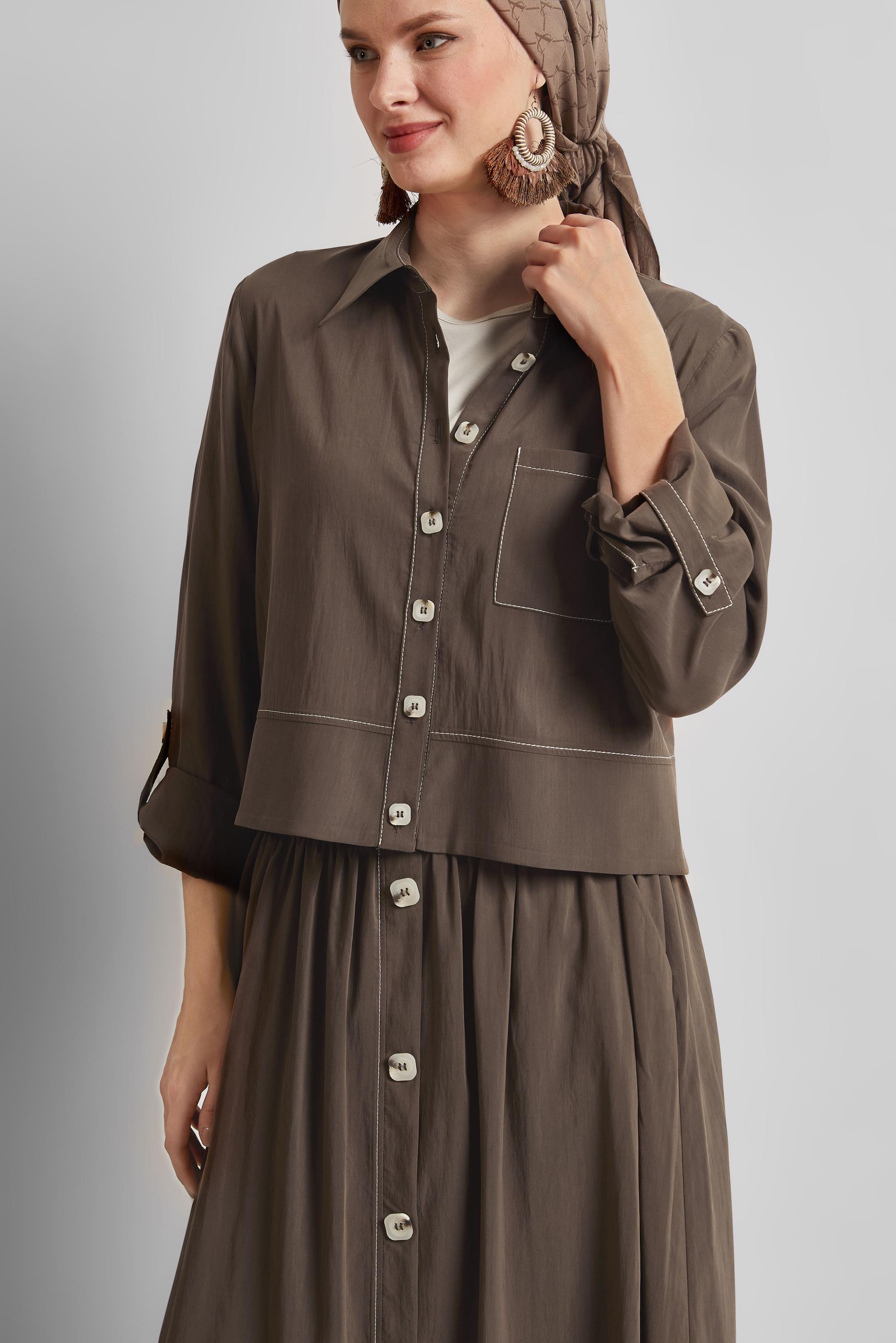 Tesettür giyim KAHVE DÜĞME DETAYLI ETEKLİ TAKIM 45360