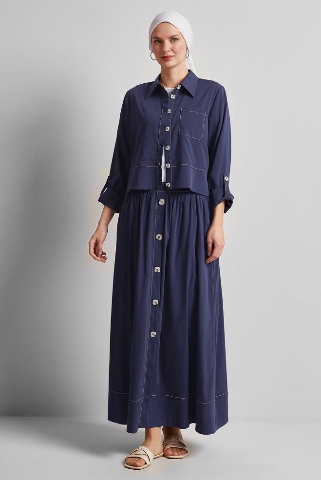 Hijab-Kleidung NAVY BLAU ANZUG MIT KNOPFDETAILLIERTEM ROCK 45360 - ALVİNA