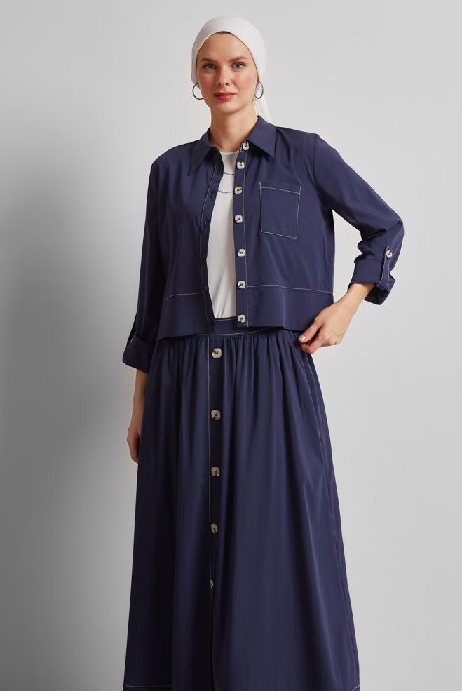 Hijab-Kleidung NAVY BLAU ANZUG MIT KNOPFDETAILLIERTEM ROCK 45360 - ALVİNA