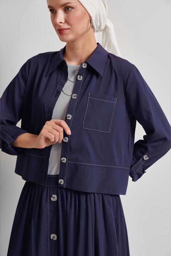 Hijab-Kleidung NAVY BLAU ANZUG MIT KNOPFDETAILLIERTEM ROCK 45360 - ALVİNA
