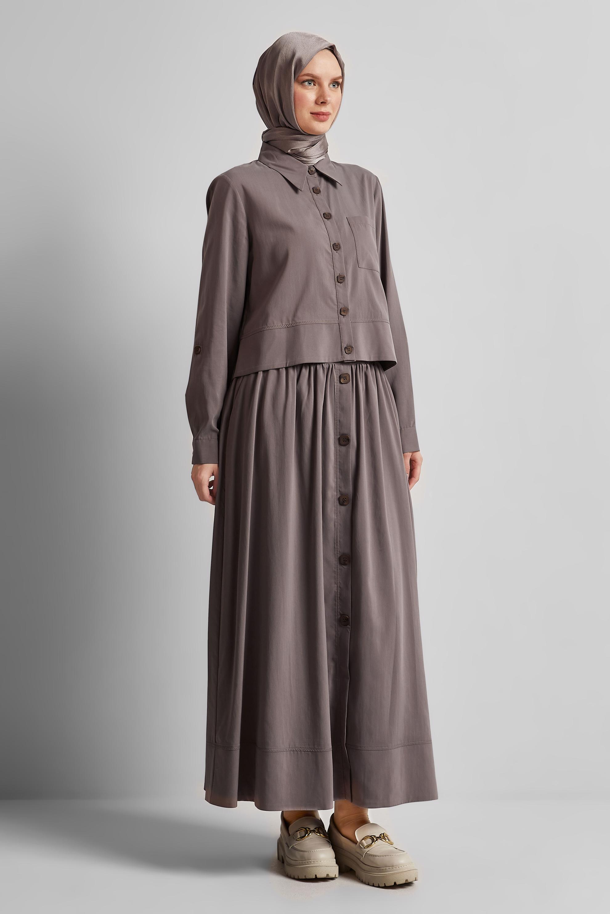 Tesettür giyim VİZON DÜĞME DETAYLI ETEKLİ TAKIM 45360