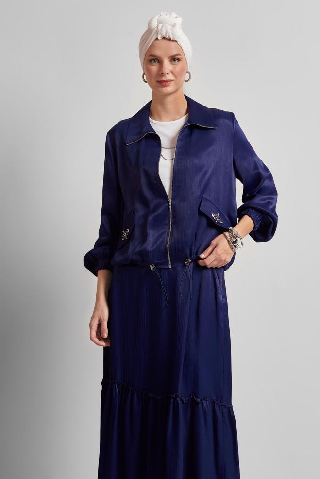 Vêtements hijab BLEU MARINE COSTUME À JUPE EN SATIN 45378 - ALVİNA