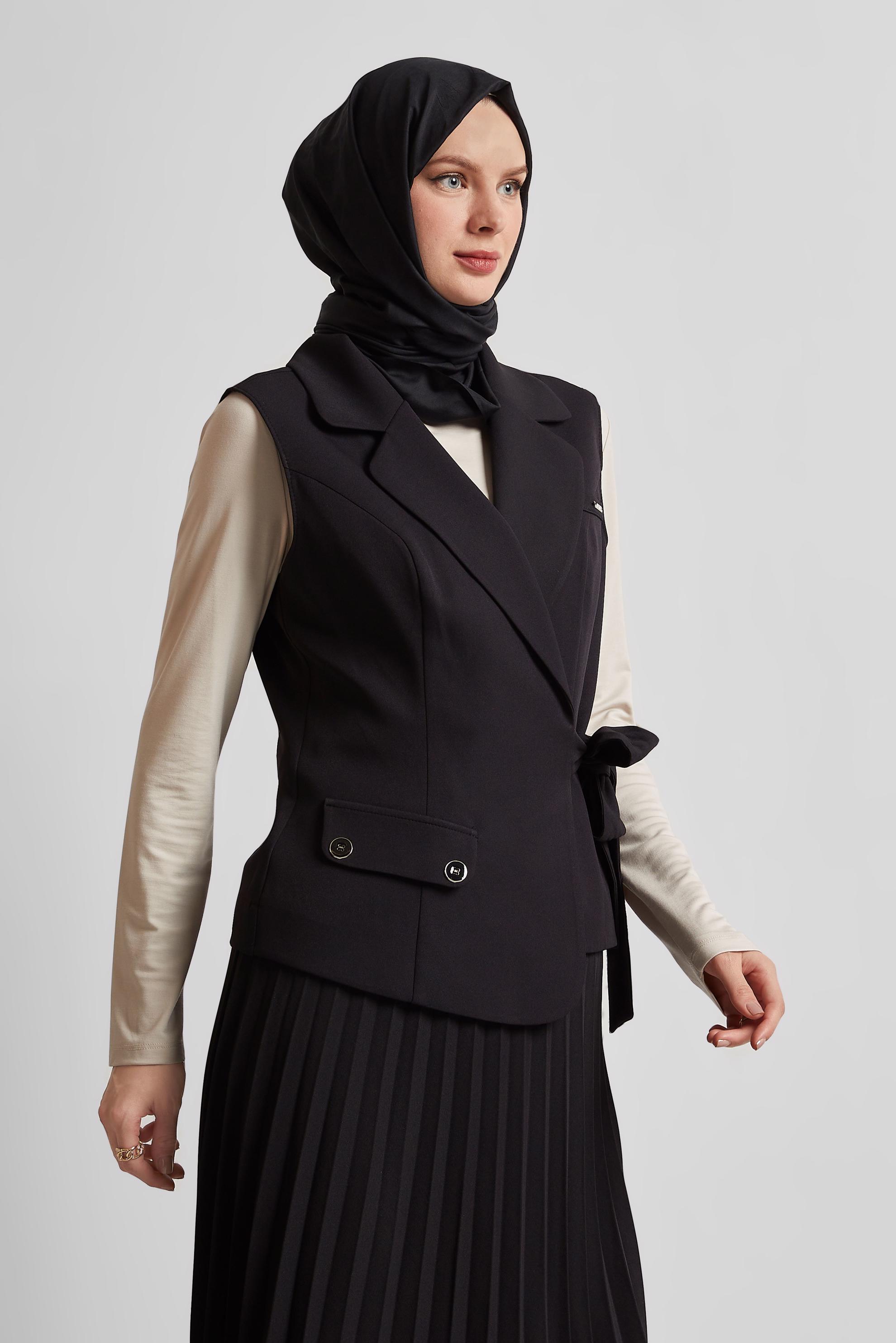 Tesettür giyim SİYAH YELEKLİ ETEKLİ TAKIM 45380