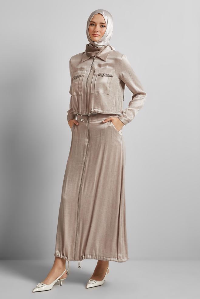 Vêtements hijab BEIGE COMBINAISON JUPE AVEC GEMME 45384 - ALVİNA
