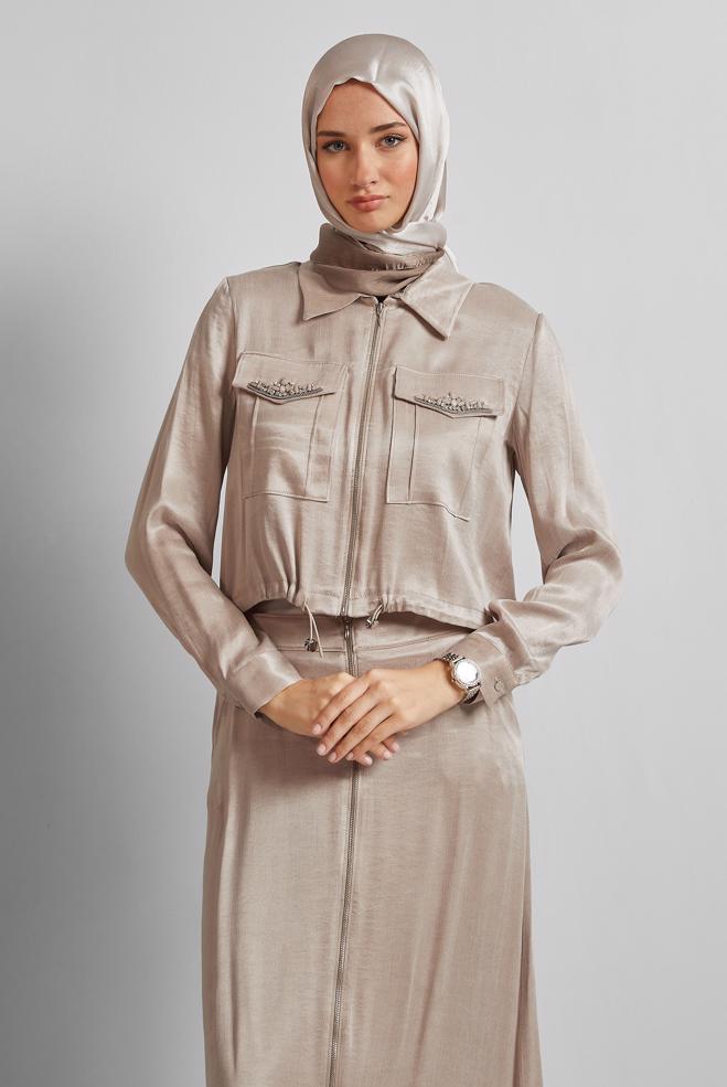 Vêtements hijab BEIGE COMBINAISON JUPE AVEC GEMME 45384 - ALVİNA