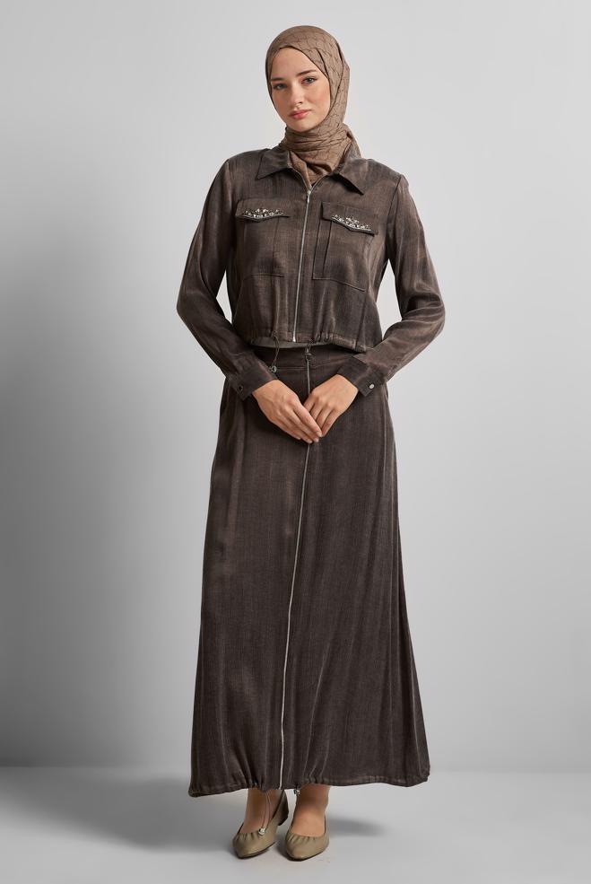 Vêtements hijab BRUN COMBINAISON JUPE AVEC GEMME 45384 - ALVİNA