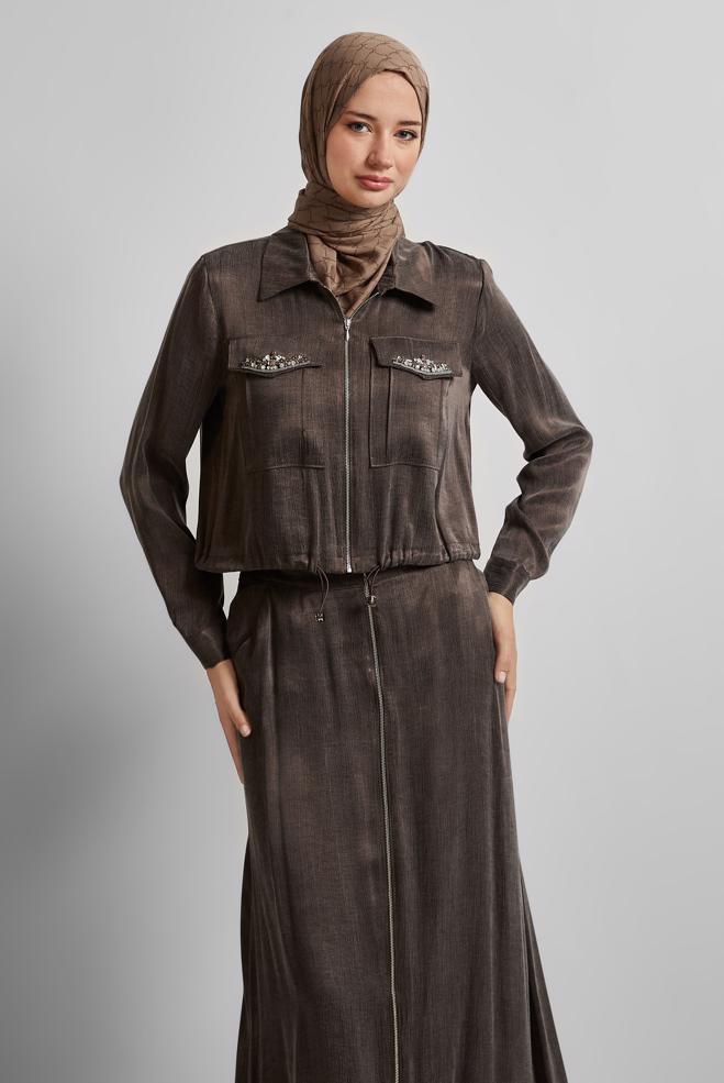 Vêtements hijab BRUN COMBINAISON JUPE AVEC GEMME 45384 - ALVİNA