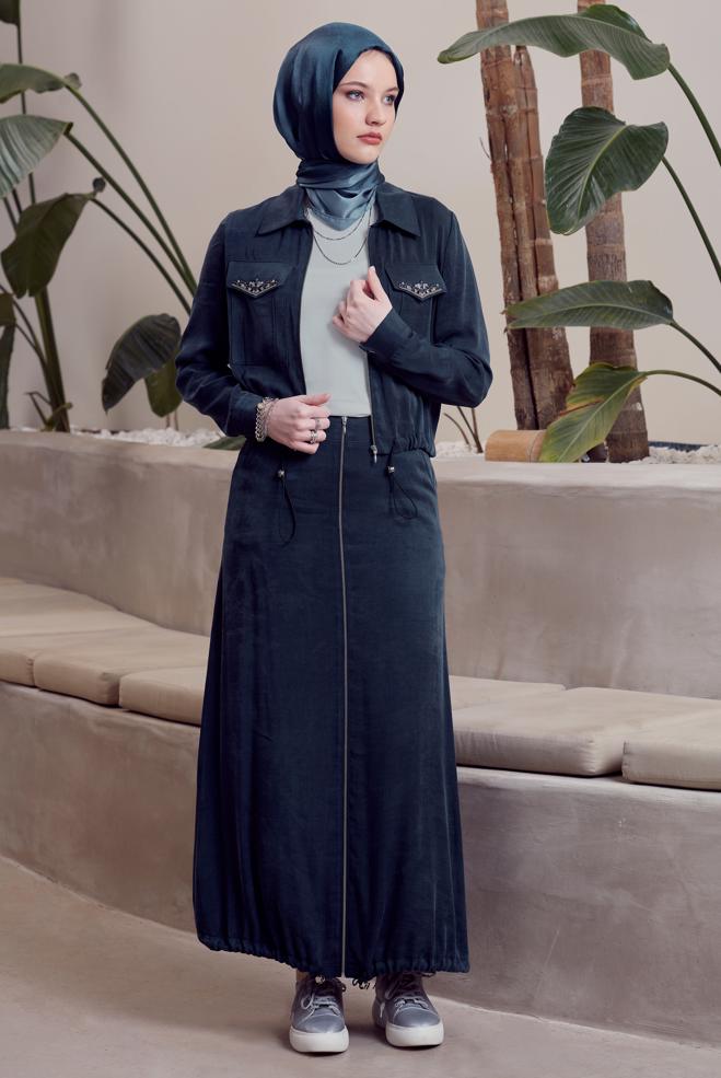 Vêtements hijab BLEU MARINE COMBINAISON JUPE AVEC GEMME 45384 - ALVİNA