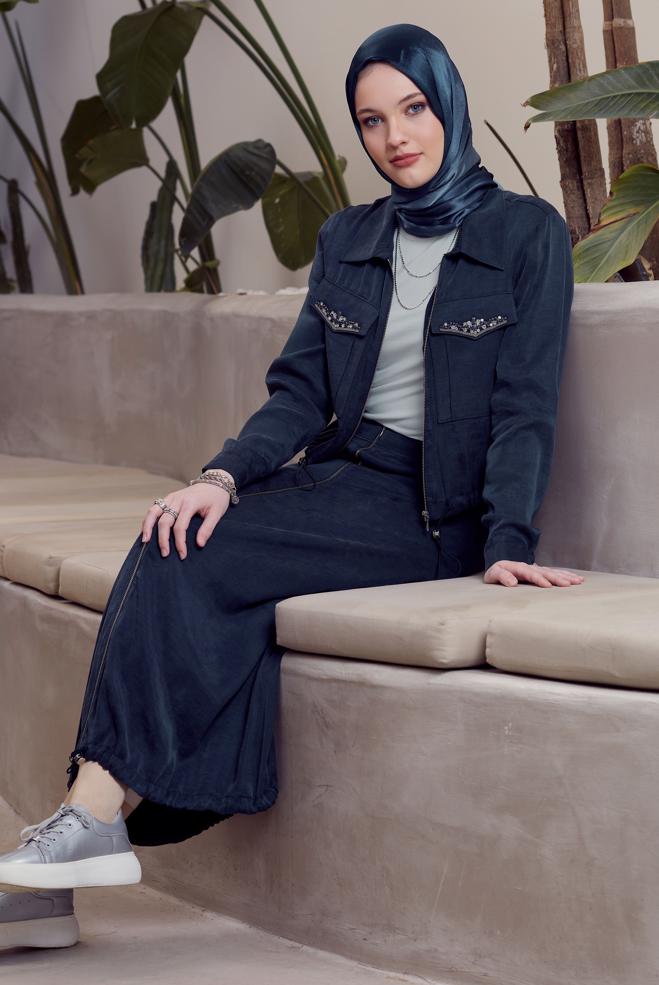 Vêtements hijab BLEU MARINE COMBINAISON JUPE AVEC GEMME 45384 - ALVİNA