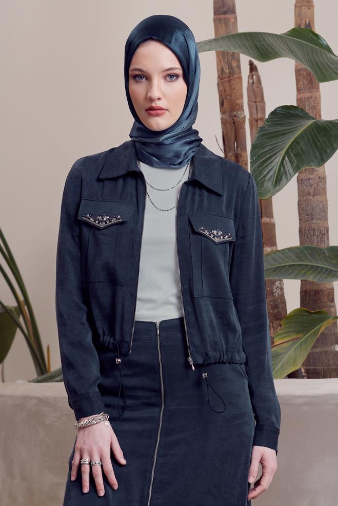 Vêtements hijab BLEU MARINE COMBINAISON JUPE AVEC GEMME 45384 - ALVİNA