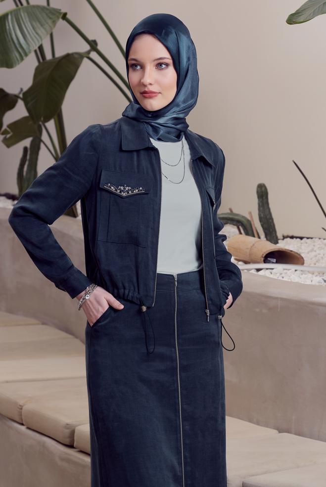 Vêtements hijab BLEU MARINE COMBINAISON JUPE AVEC GEMME 45384 - ALVİNA