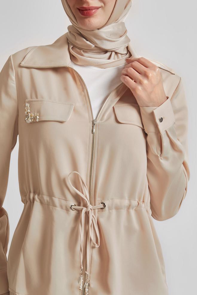 Hijab-Kleidung BEIGE ANZUG AUS SATIN MIT FALTENROCK 45385 - ALVİNA