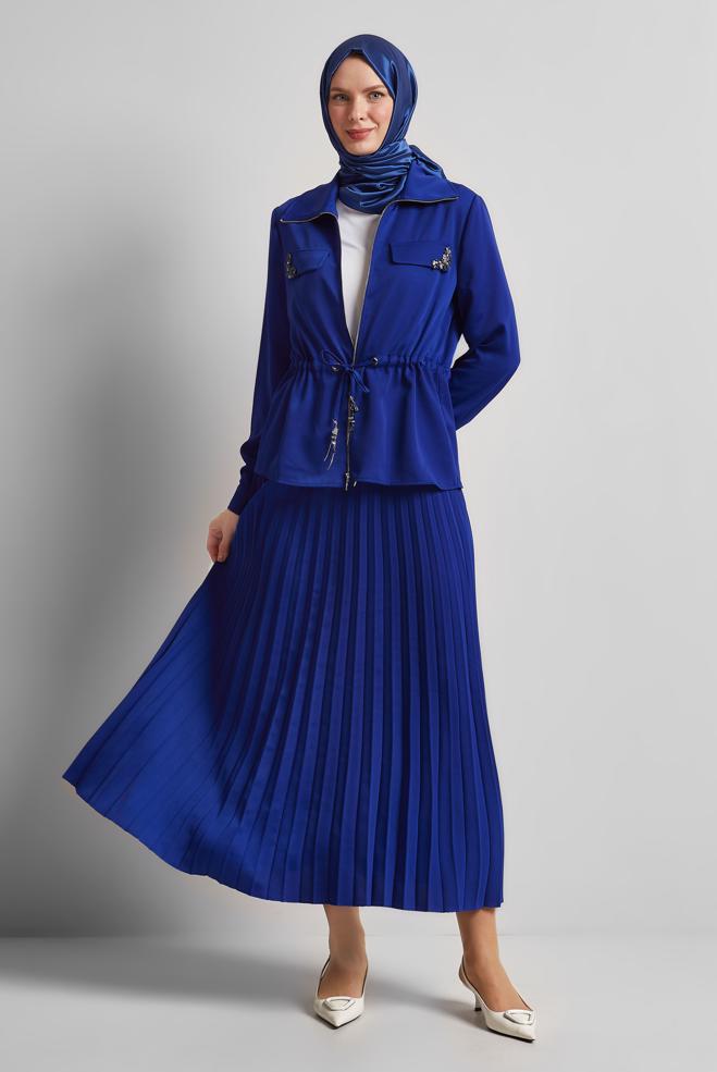 Vêtements hijab BLEU MARINE COSTUME EN SATIN JUPE PLISSÉE 45385 - ALVİNA
