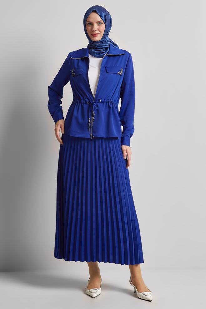 Vêtements hijab BLEU MARINE COSTUME EN SATIN JUPE PLISSÉE 45385 - ALVİNA