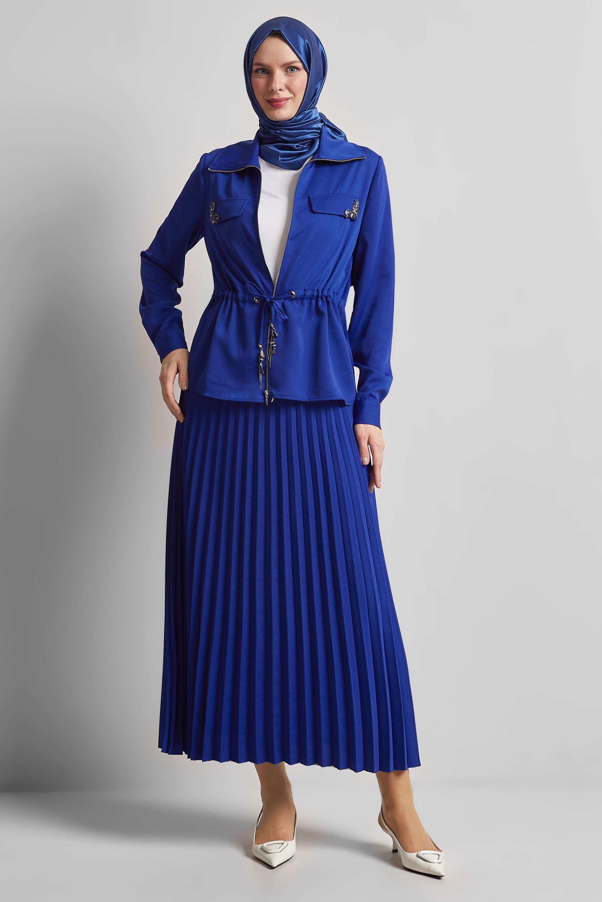 Vêtements hijab BLEU MARINE COSTUME EN SATIN JUPE PLISSÉE 45385