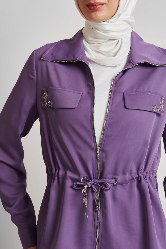 Vêtements hijab POURPRE COSTUME EN SATIN JUPE PLISSÉE 45385 - ALVİNA