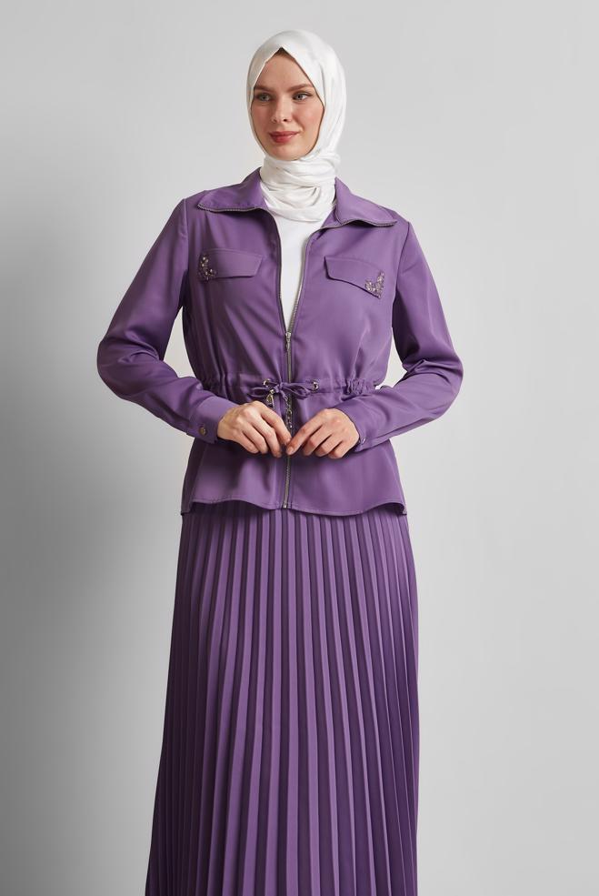 Vêtements hijab POURPRE COSTUME EN SATIN JUPE PLISSÉE 45385 - ALVİNA