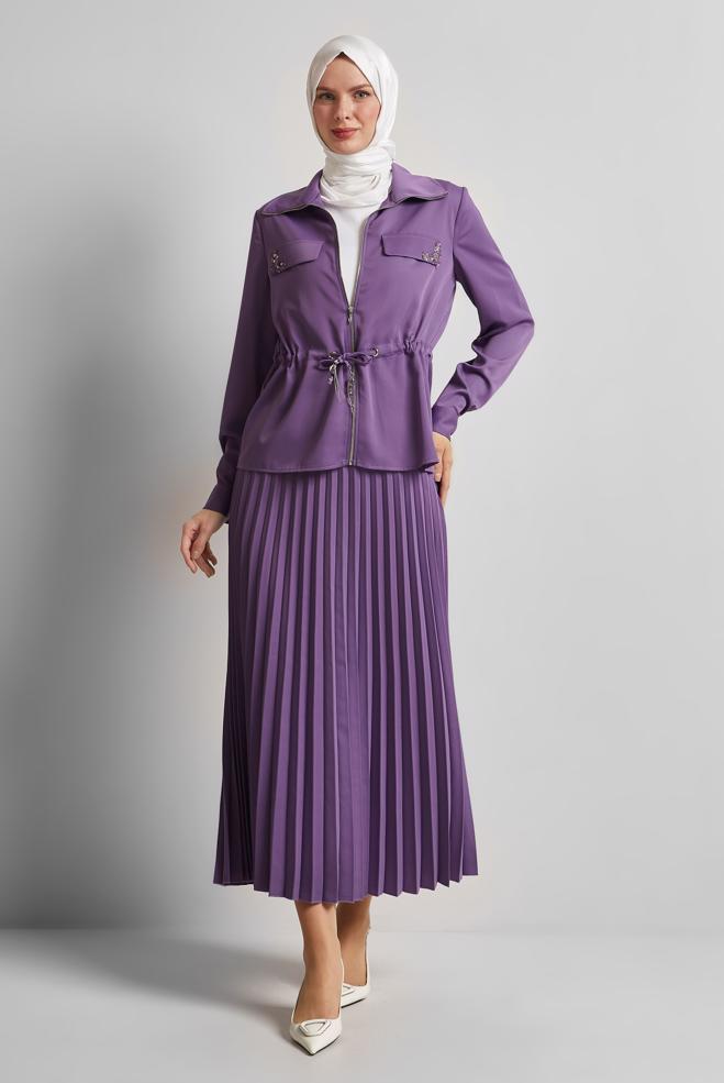 Vêtements hijab POURPRE COSTUME EN SATIN JUPE PLISSÉE 45385 - ALVİNA