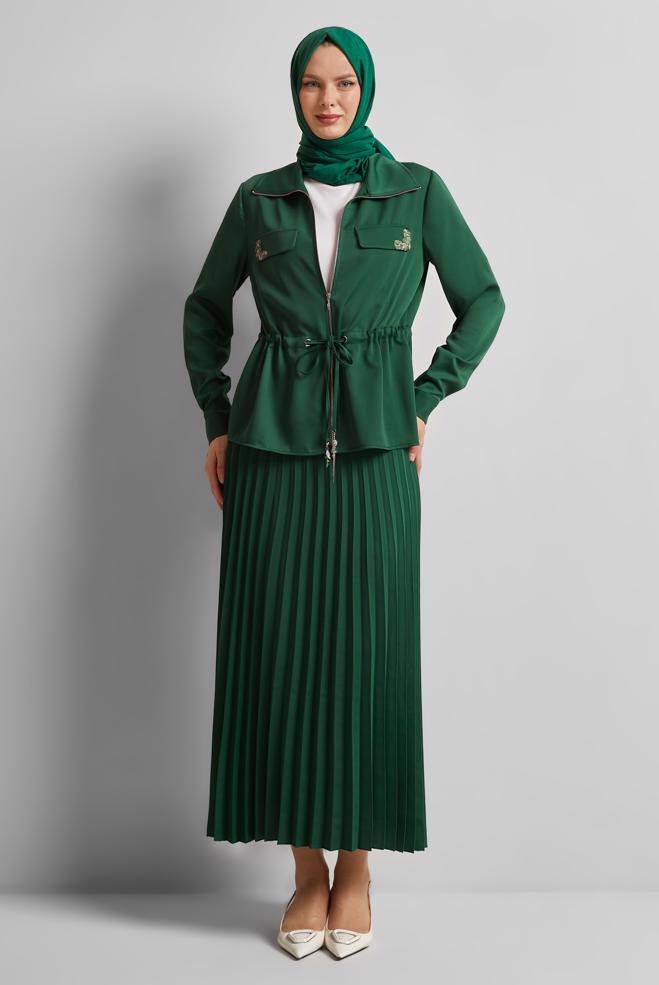 Vêtements hijab VERT COSTUME EN SATIN JUPE PLISSÉE 45385 - ALVİNA