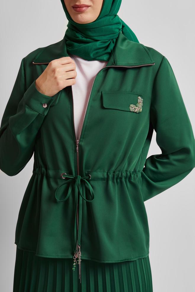 Vêtements hijab VERT COSTUME EN SATIN JUPE PLISSÉE 45385 - ALVİNA