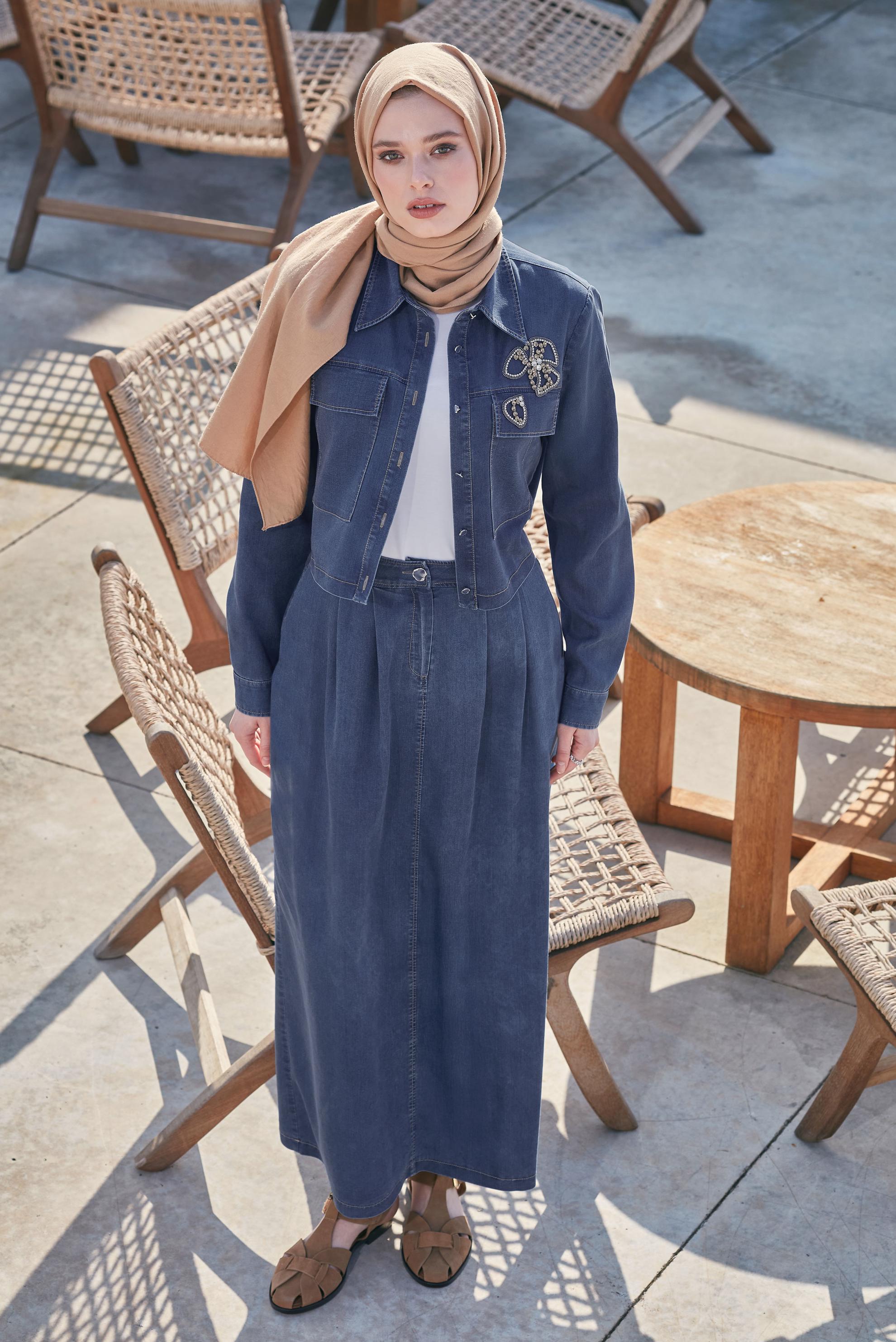 Tesettür giyim LACİVERT TAŞLI ETEKLİ TAKIM 45500