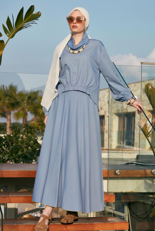 Hijab-Kleidung BLAU HIJAB-ANZUG MIT ROCK 45554 - ALVİNA