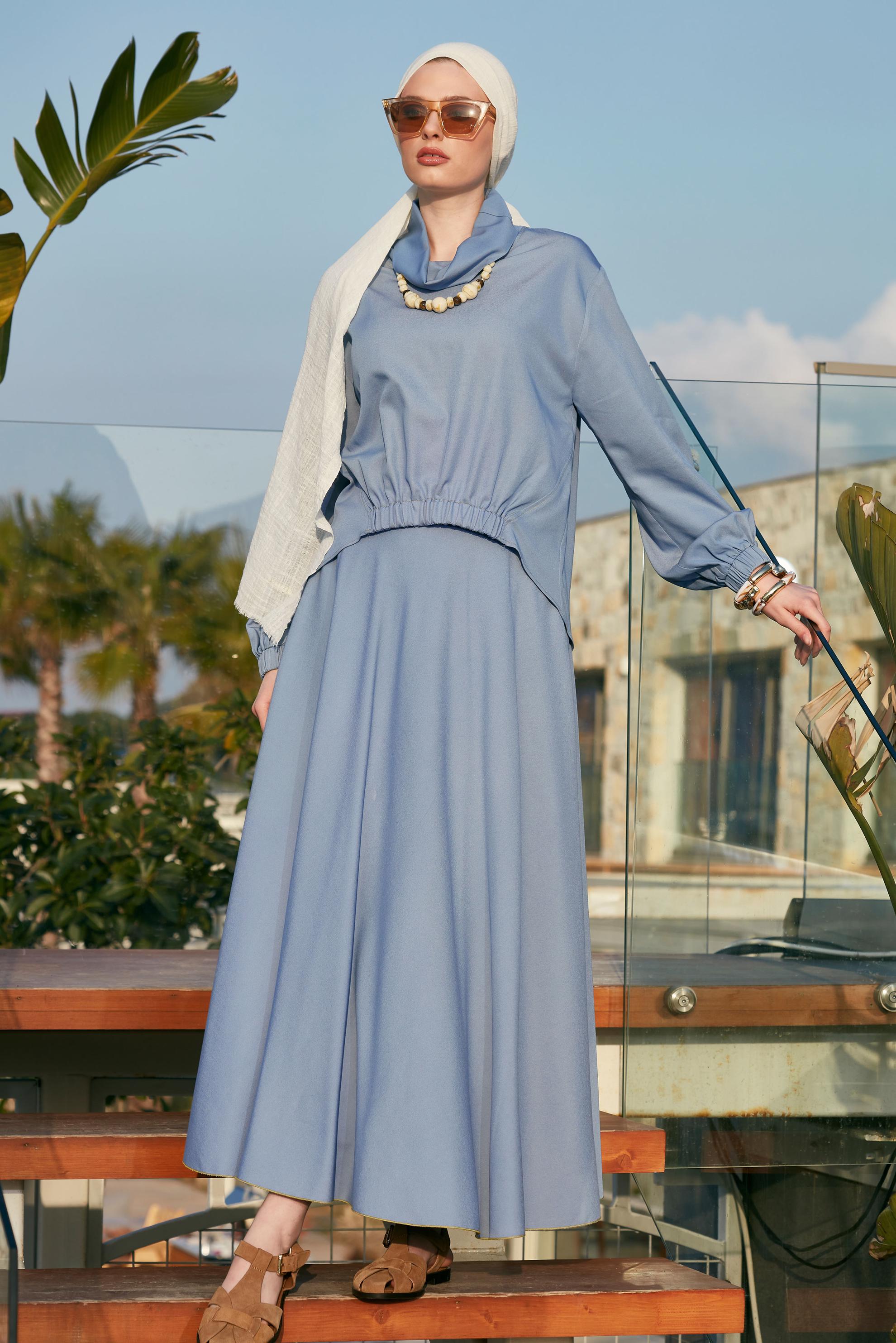 Tesettür giyim MAVİ ETEKLİ TESETTÜR TAKIM 45554